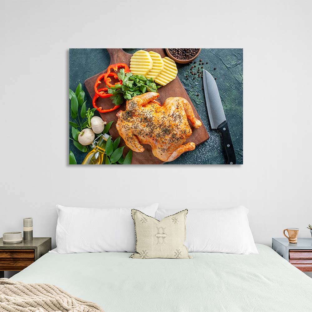 Kunstdruck auf Leinwand für die Küche, gegrilltes Hähnchen mit Gemüse auf einem Brett, horizontal 2