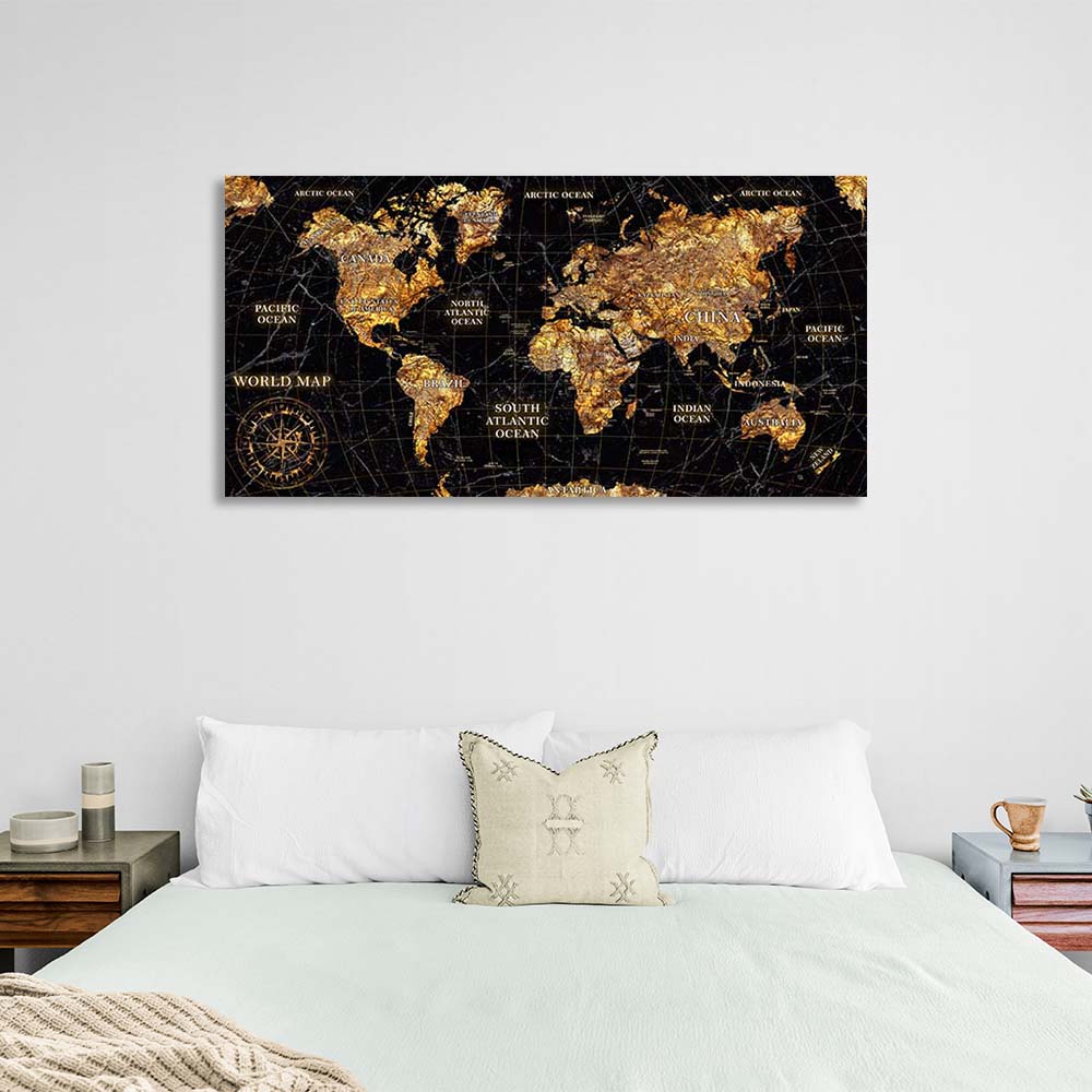 Leinwandbild, Wandbild, Karte der Neuen Welt, schwarz mit Gold 2