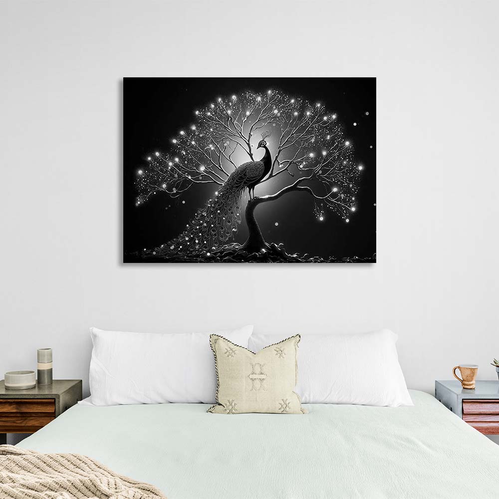 Peacock black and white Canvas Wall Art Print