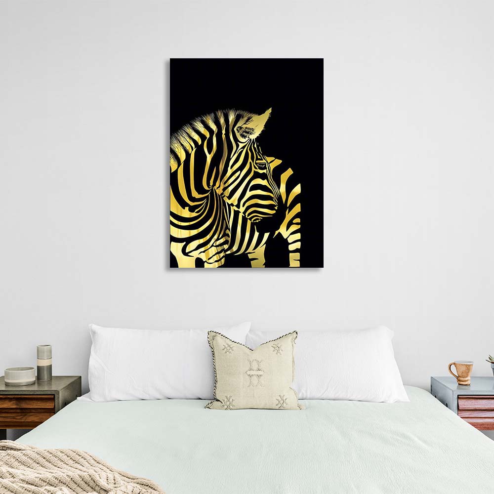 Leinwandbild Goldenes Zebra 2 auf schwarzem Hintergrund