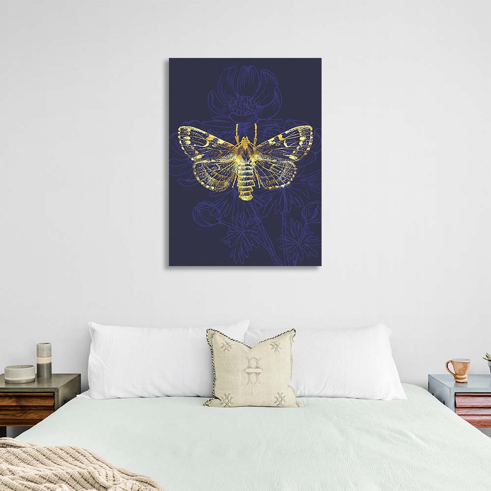 Canvas Wall Art Print Golden moth on dark blue background