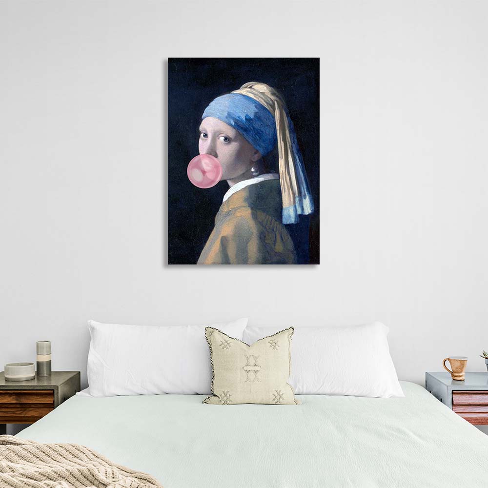 Canvas Wall Art Print Girl with pearl earring and pink bubblegum