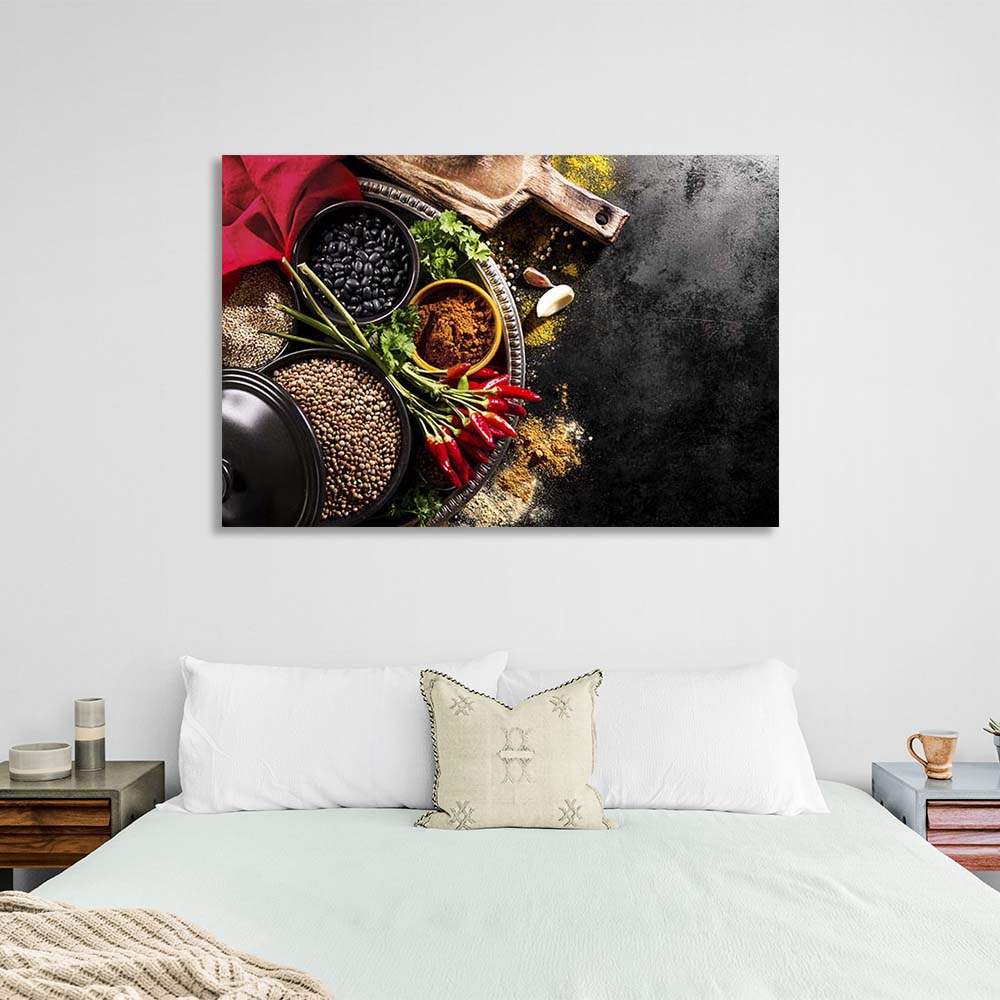 Canvas Wall Art Print For Kitchen Cereals with curry on dark gray background