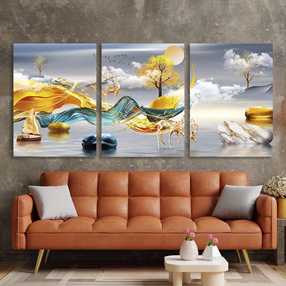 Multi Panel Canvas Wall Art Print Golden deer on the background of hills