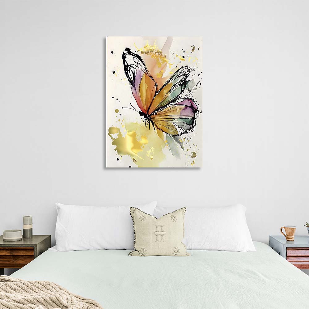 Kunstdruck auf Leinwand, Motiv: Goldener Aquarell-Schmetterling