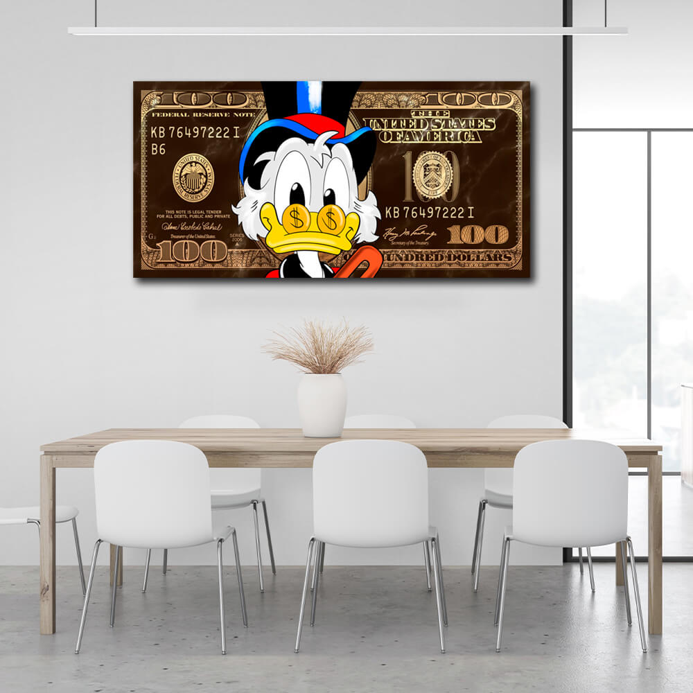 Scrooge 100 Dollar Gold und Braun Inspirierender Leinwand-Kunstdruck