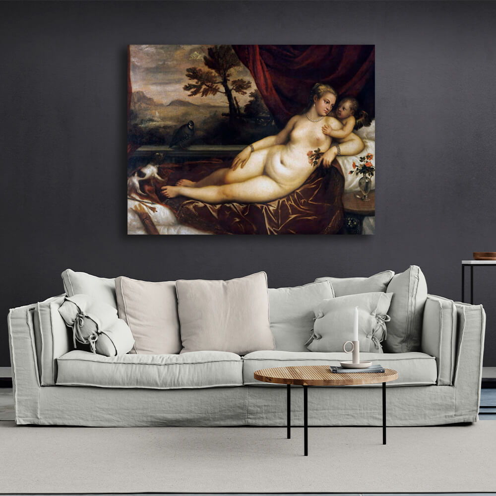 Reproduktion Venus mit Amor, Hund und Rebhuhn Tizian Reproduktion Leinwand Wand Kunstdruck