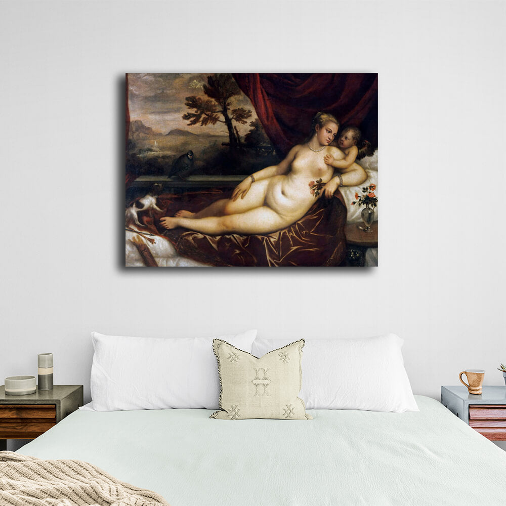 Reproduktion Venus mit Amor, Hund und Rebhuhn Tizian Reproduktion Leinwand Wand Kunstdruck