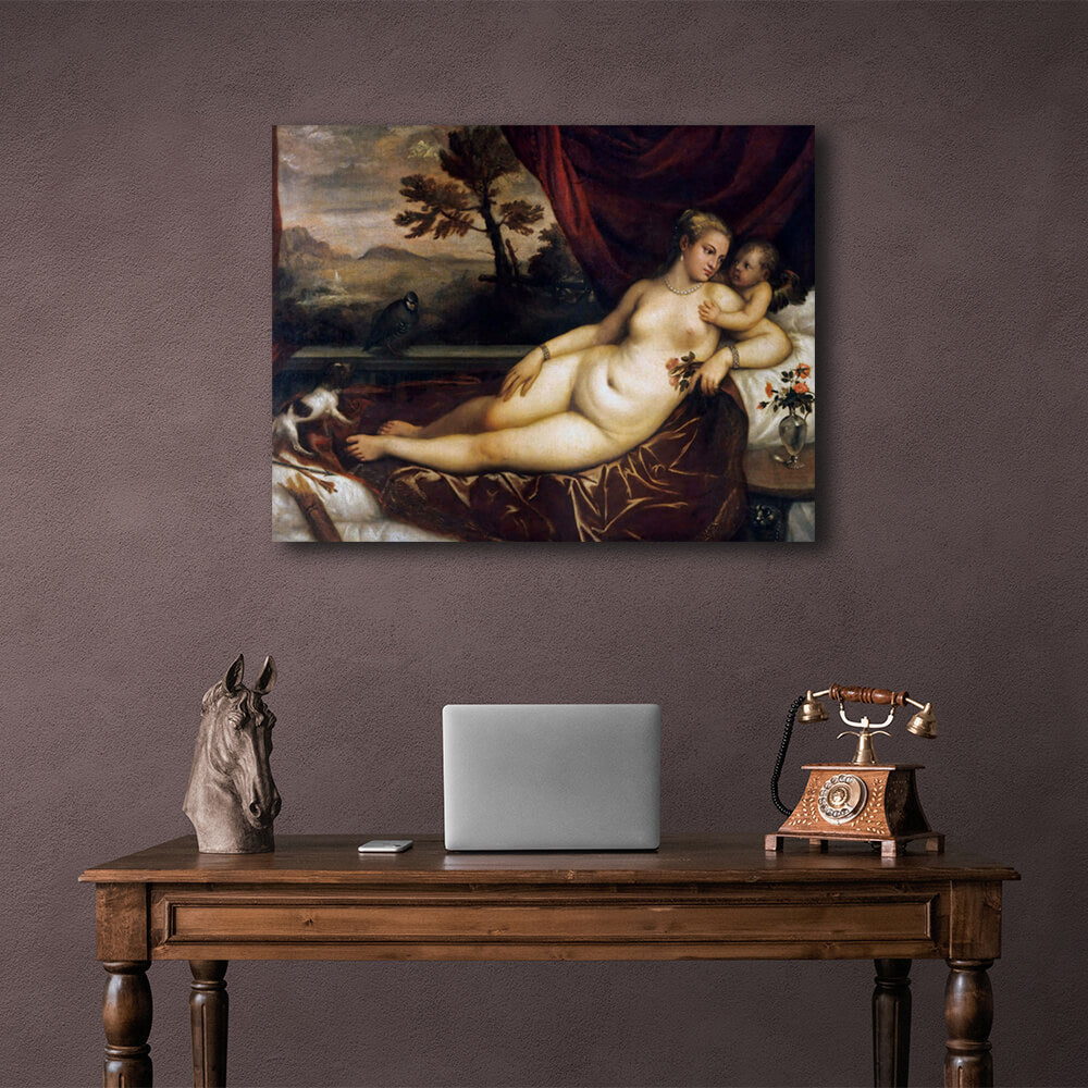 Reproduktion Venus mit Amor, Hund und Rebhuhn Tizian Reproduktion Leinwand Wand Kunstdruck