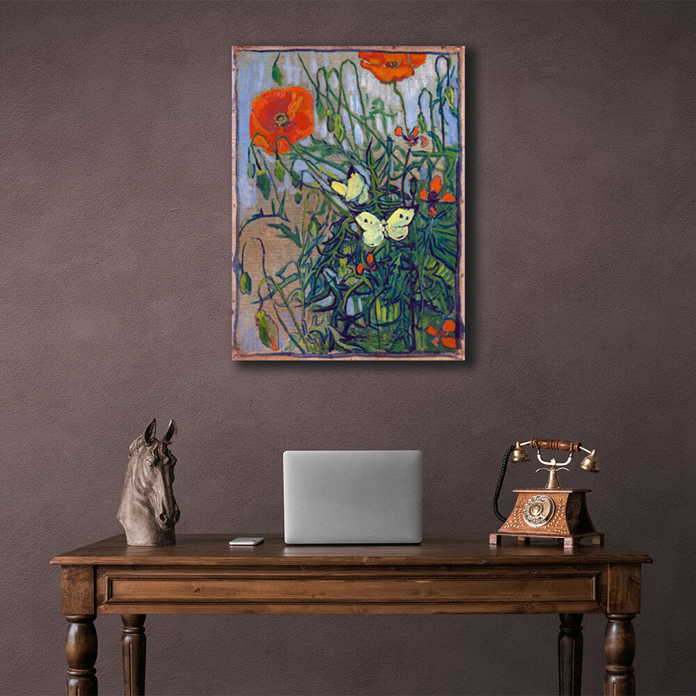 Reproduktion „Schmetterlinge und Mohnblumen“ von Vincent Van Gogh, Reproduktion auf Leinwand, Wand-Kunstdruck