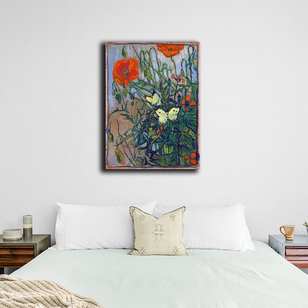 Reproduktion „Schmetterlinge und Mohnblumen“ von Vincent Van Gogh, Reproduktion auf Leinwand, Wand-Kunstdruck