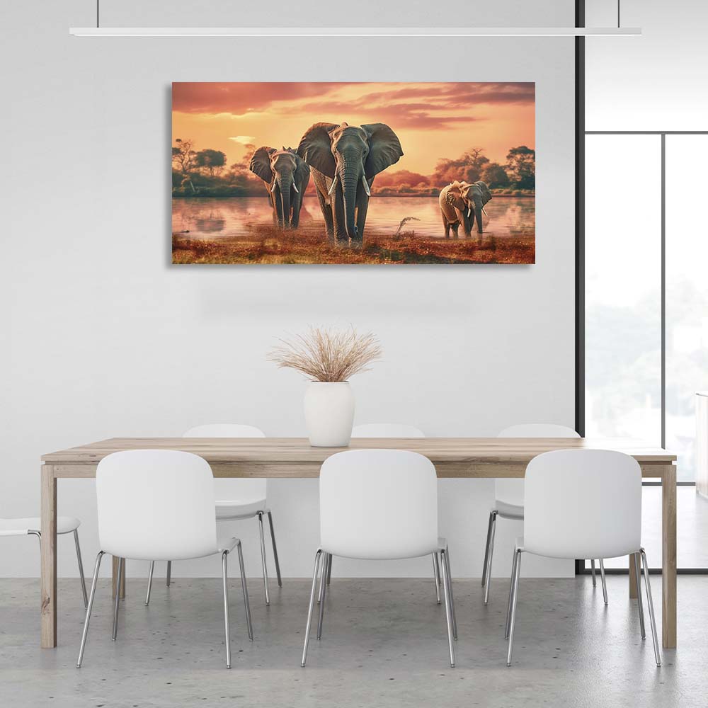 3 elephants by the lake Canvas Wall Art Print