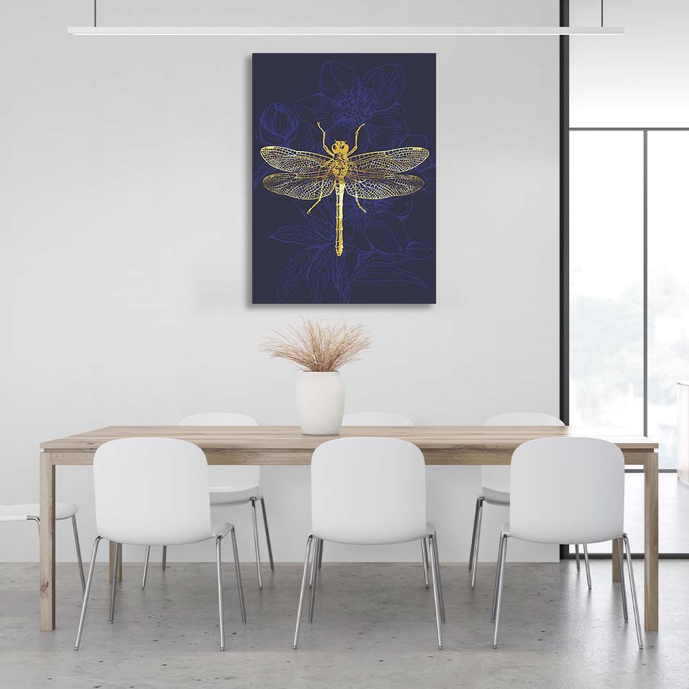 Canvas Wall Art Print Golden dragonfly on dark blue background