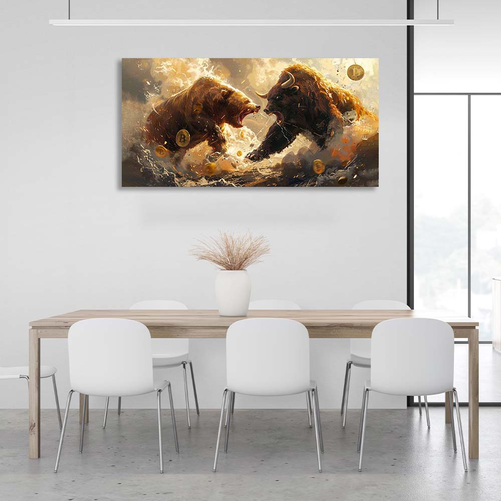 Inspirierender Kunstdruck auf Leinwand, Motiv: Bulle vs. Bär