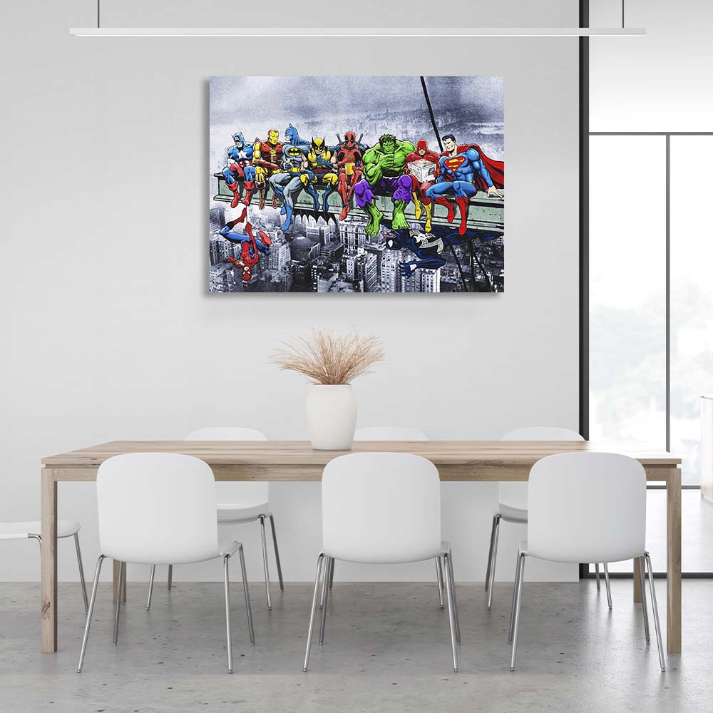 Canvas Wall Art Print Marvel and DC heroes on top of a skyscraper