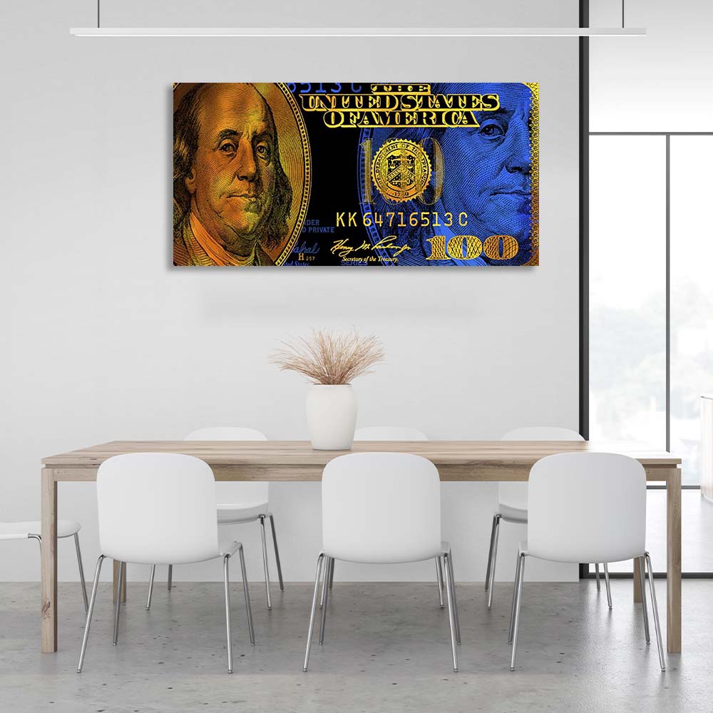 Inspirierender Leinwand-Kunstdruck „100 Dollar“ in Blau und Gold