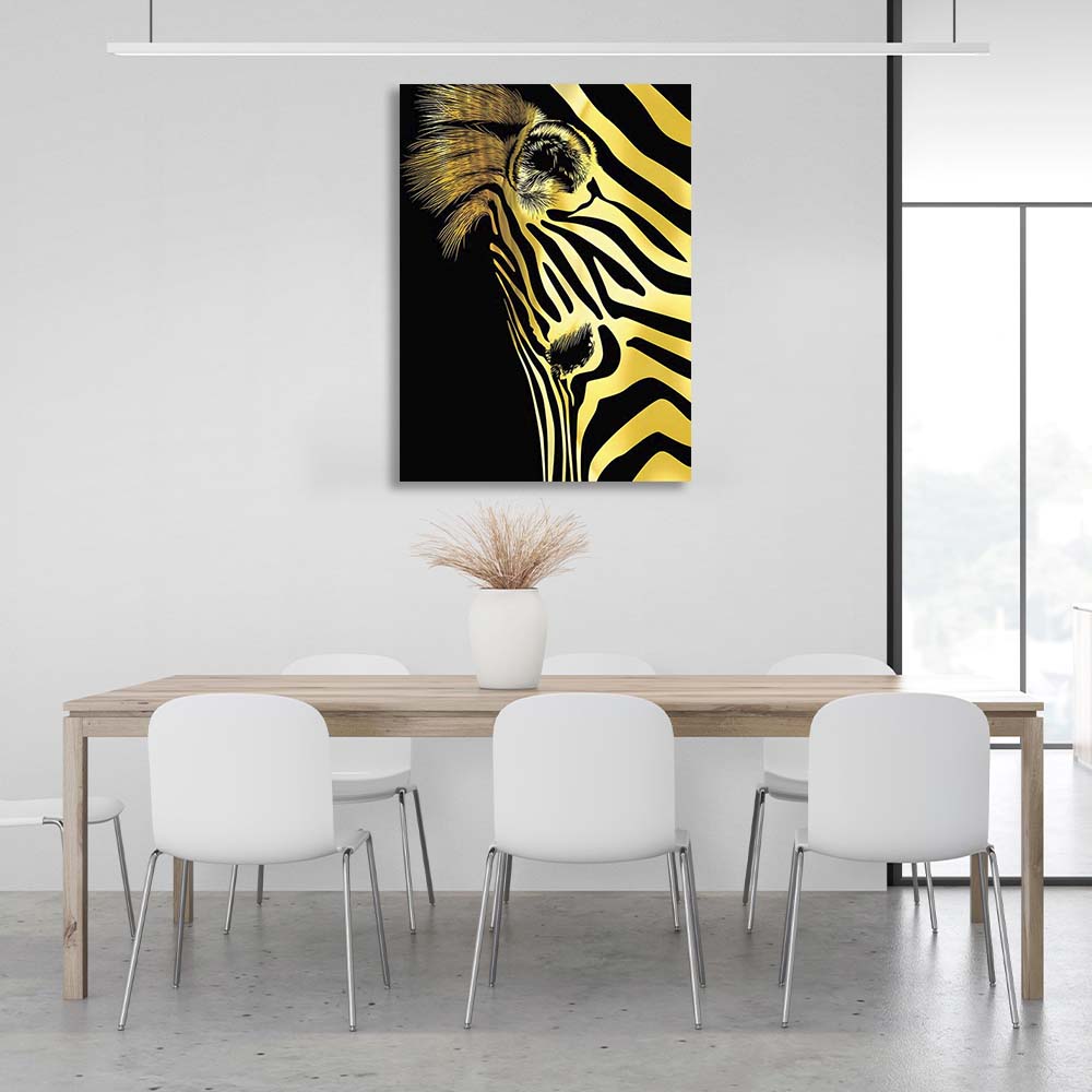 Canvas Wall Art Print Gold zebra head on black background