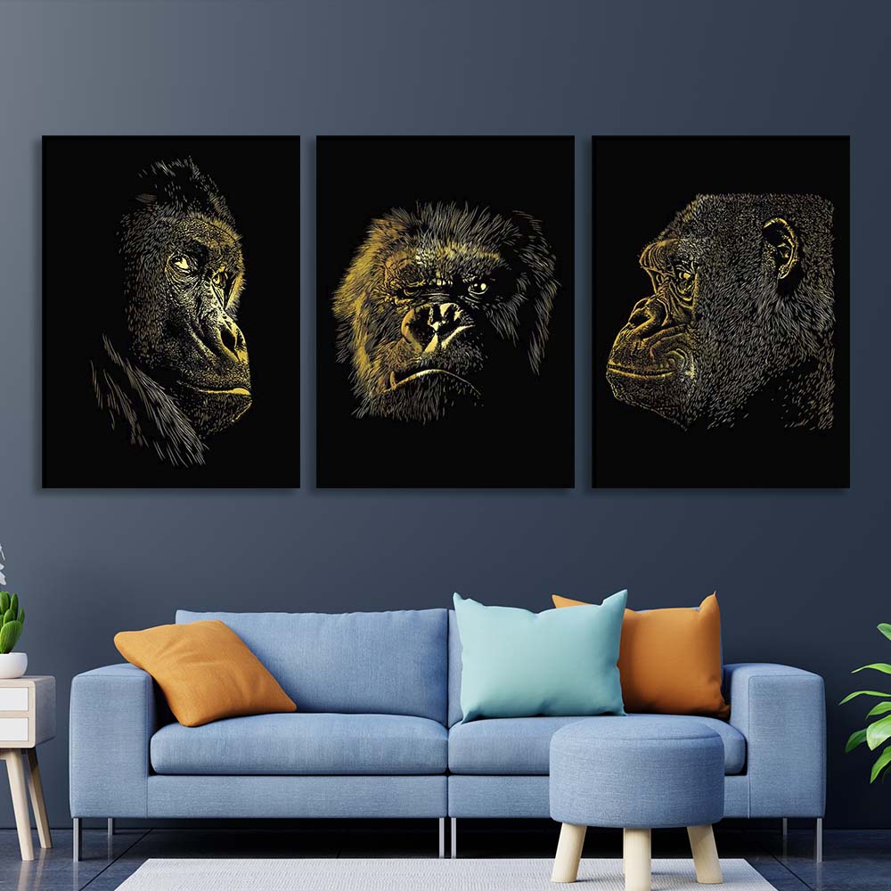 Kunstdruck auf mehrteiliger Leinwand, Gorillakopf auf schwarzem Hintergrund