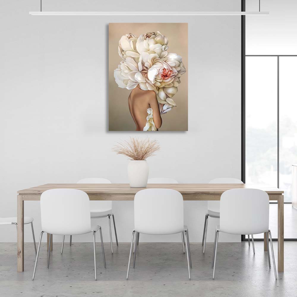 Girl with flowers on her head on brown background Canvas Wall Art Print