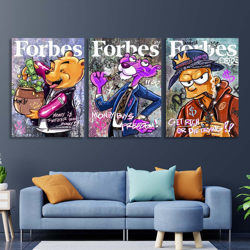 Mehrteiliger Kunstdruck auf Leinwand, Zeichentrickfiguren auf dem Cover des Forbes