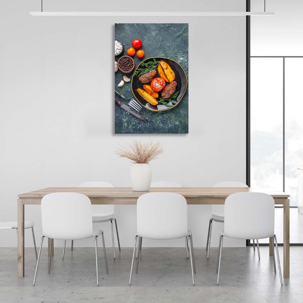 Canvas Wall Art Print For Kitchen Steak with grilled vegetables