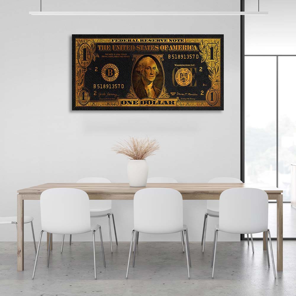 Inspirierender Kunstdruck auf Leinwand, Ein Dollar in Goldfarbe