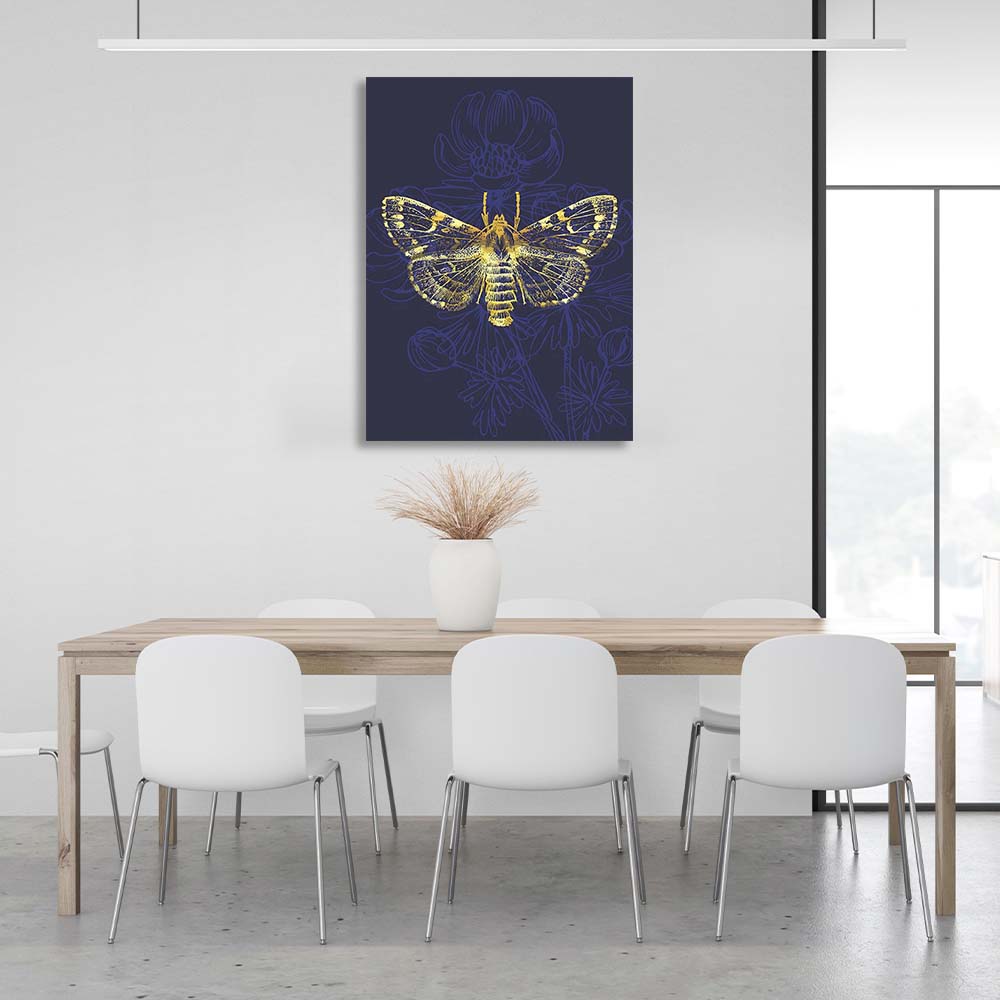 Canvas Wall Art Print Golden moth on dark blue background