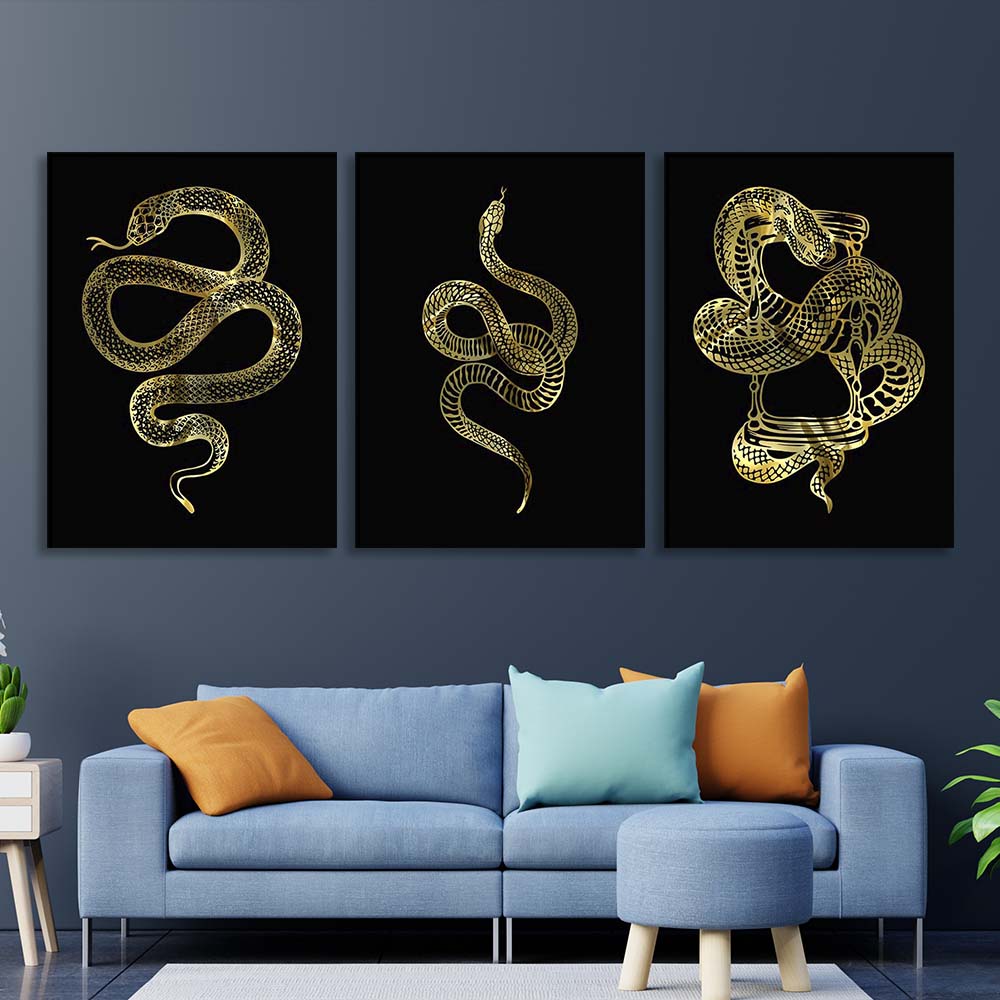 Multi Panel Canvas Wall Art Print Golden snakes on a black background