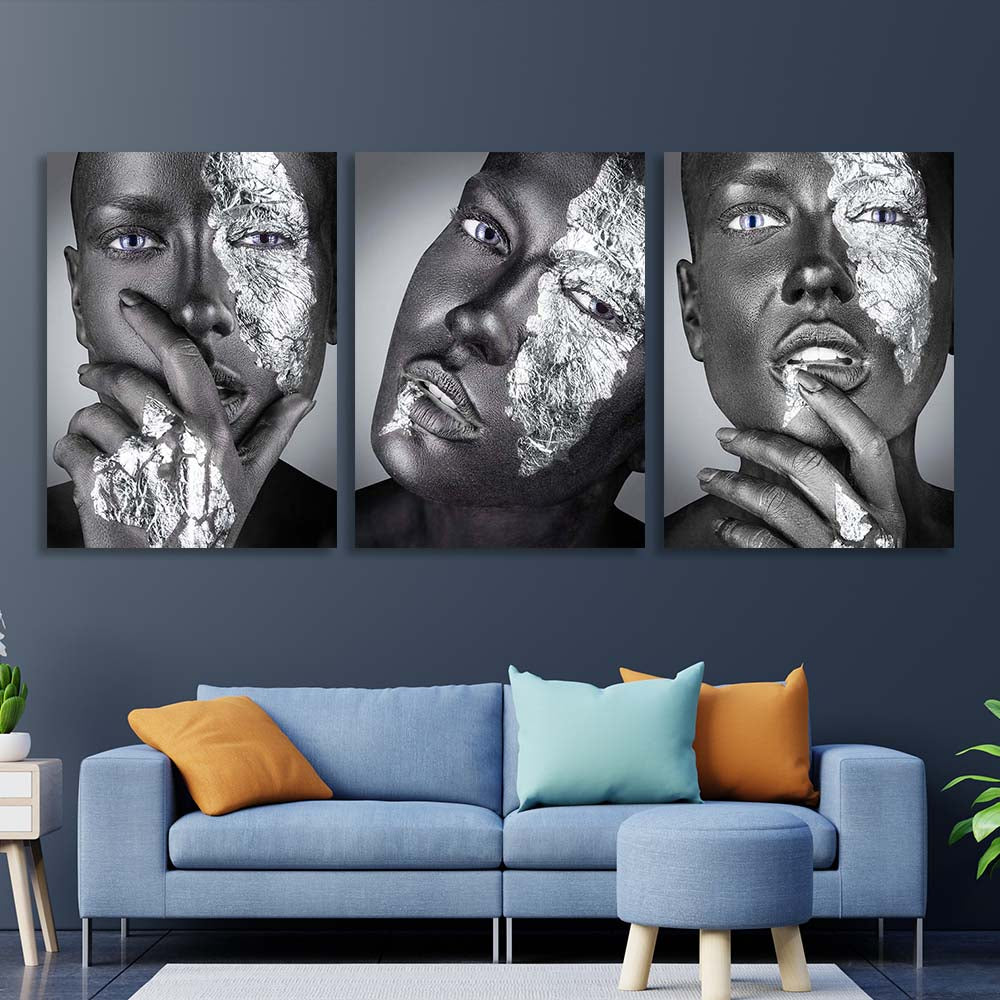 Three-piece modular Blue-eyed woman Canvas Wall Art Print