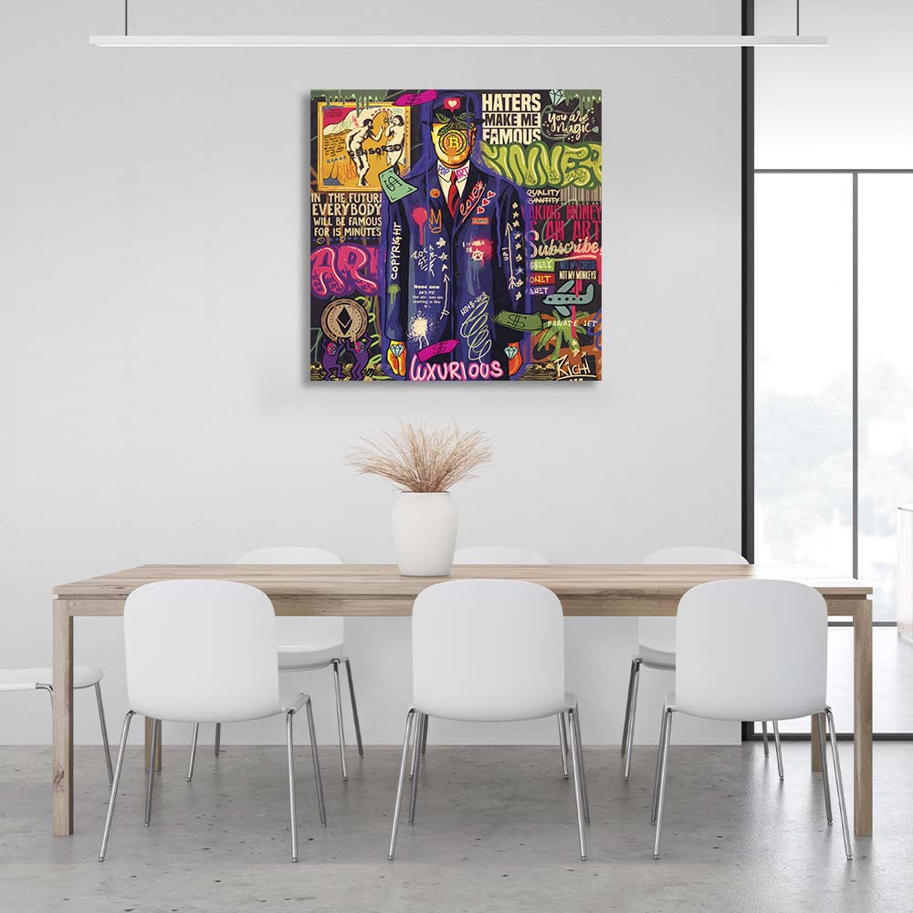 Pop-Art-Kunstdruck „Son of Man“ mit Bitcoin auf Leinwand