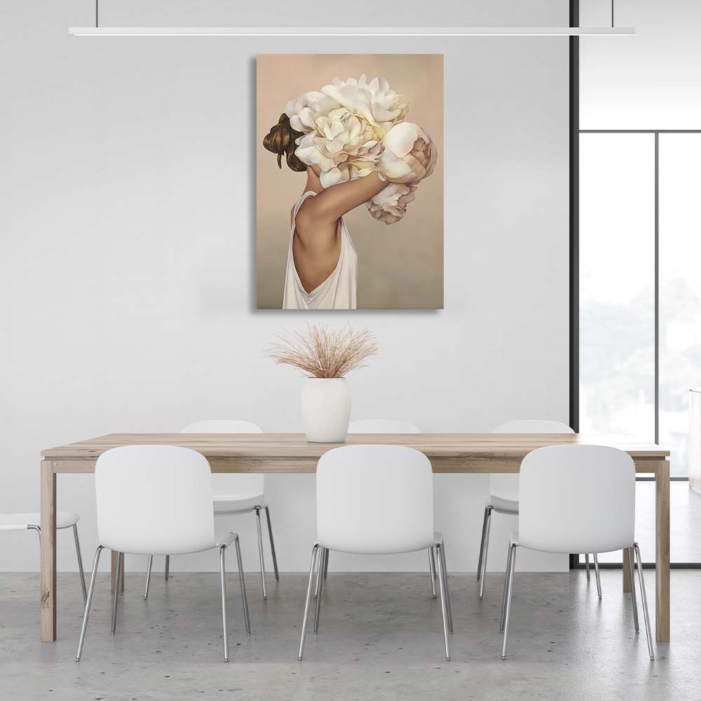 Girl with flowers on her head on light background Canvas Wall Art Print