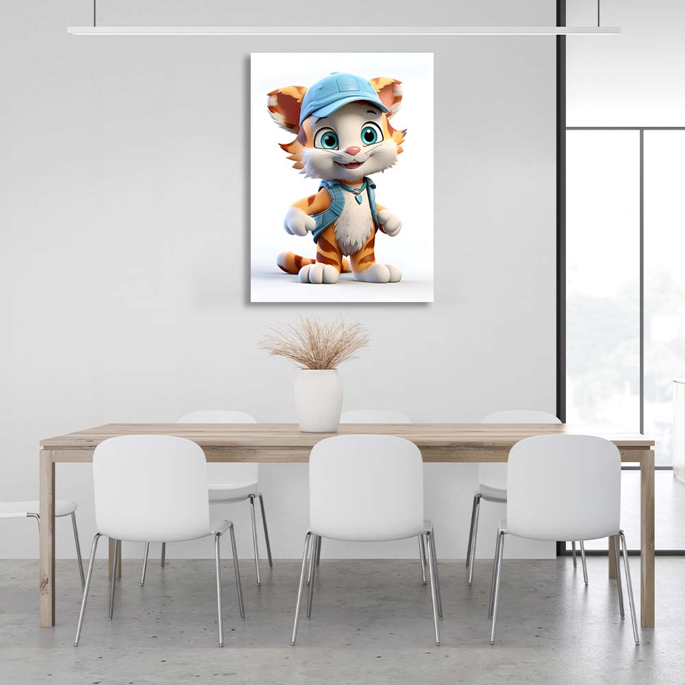 To the children's room A tiger cub in a cap with a backpack Canvas Wall Art Print