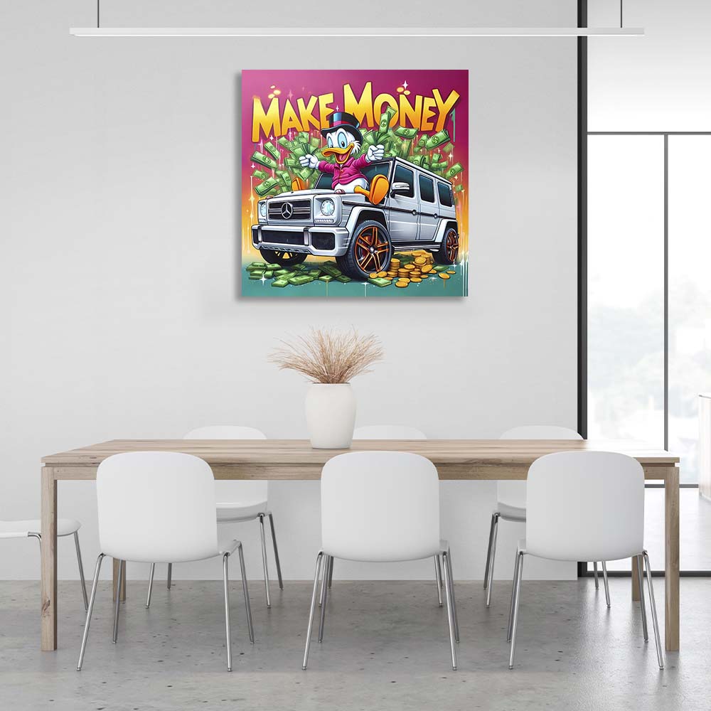 Inspirierender Kunstdruck auf Leinwand, Motiv „Scrooge on Mercedes Make Money“