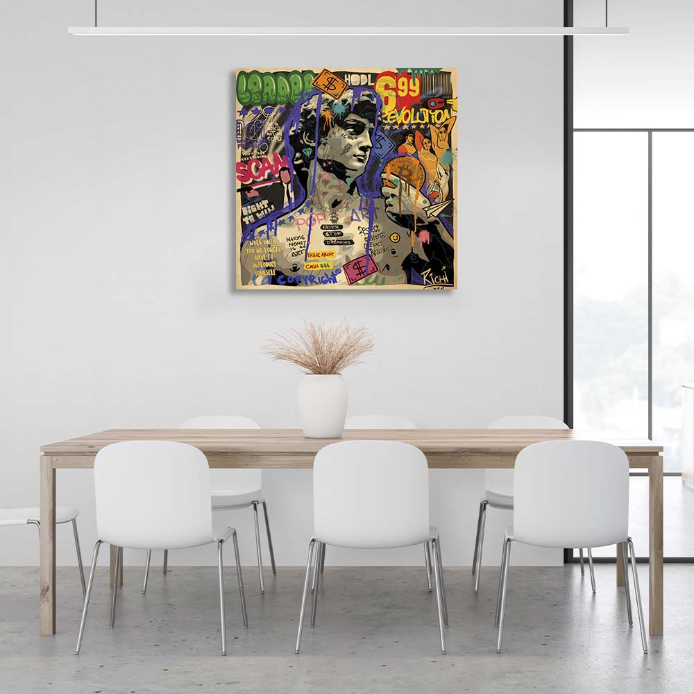 Pop-Art-Statue von David mit Bitcoin auf Leinwand, Wand-Kunstdruck