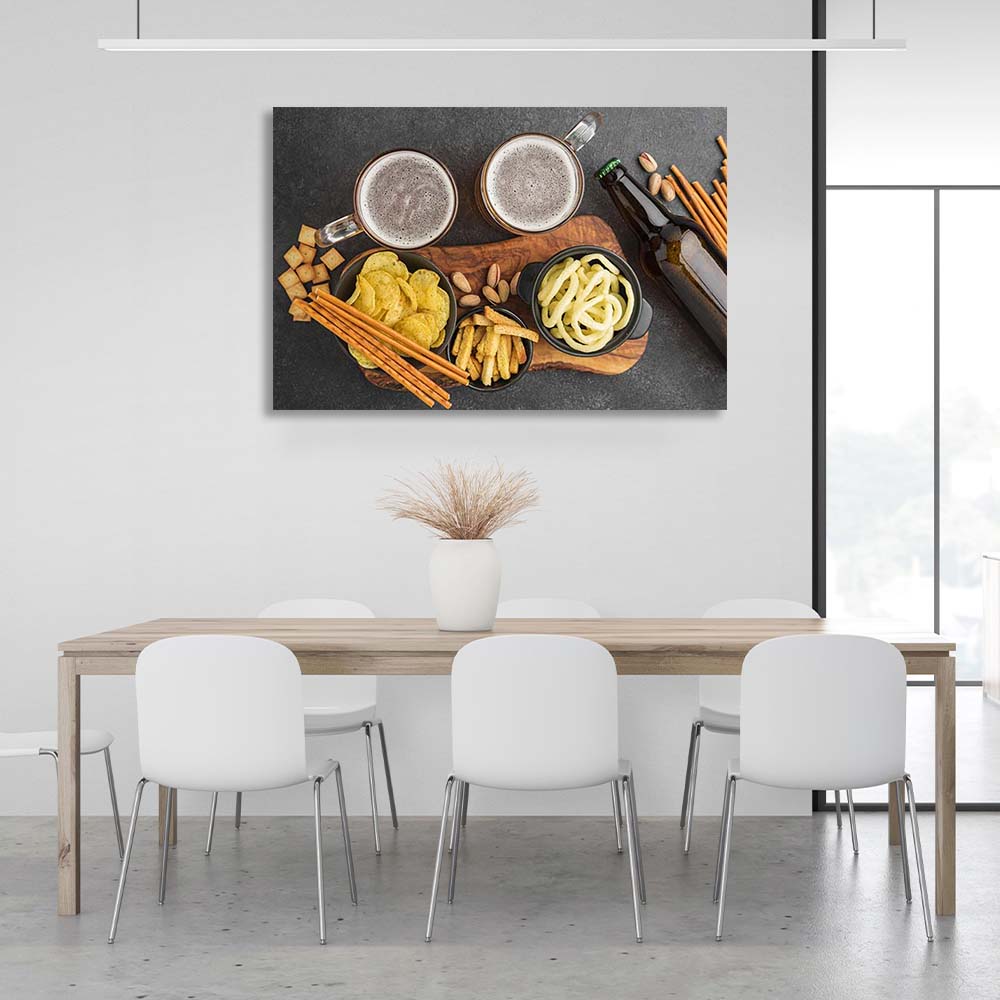 Canvas Wall Art Print For Kitchen Two mugs of beer and snacks