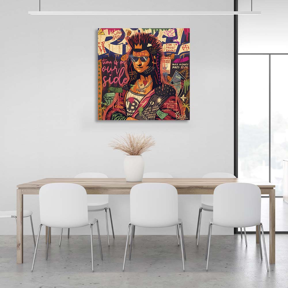 Pop-Art-Gioconda mit Irokesenschnitt und Bitcoin auf Leinwand, Kunstdruck