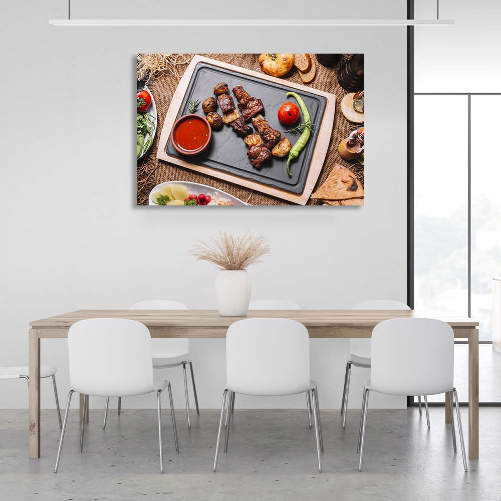 Für die Küche Schaschlik mit gebackenen Kartoffeln und Paprika Leinwand Wand Kunstdruck für die Küche