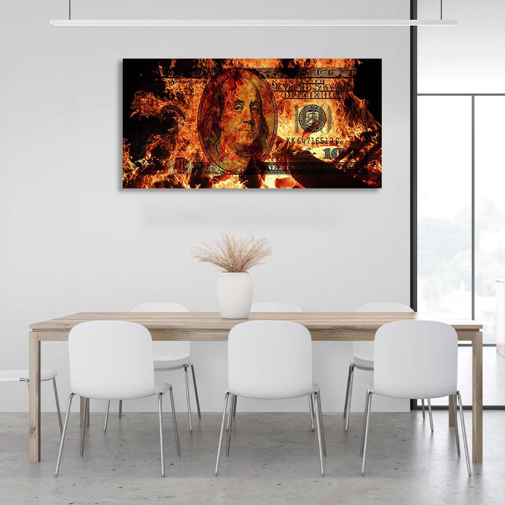 Inspirierender Kunstdruck auf Leinwand, 100 Dollar in Flammen