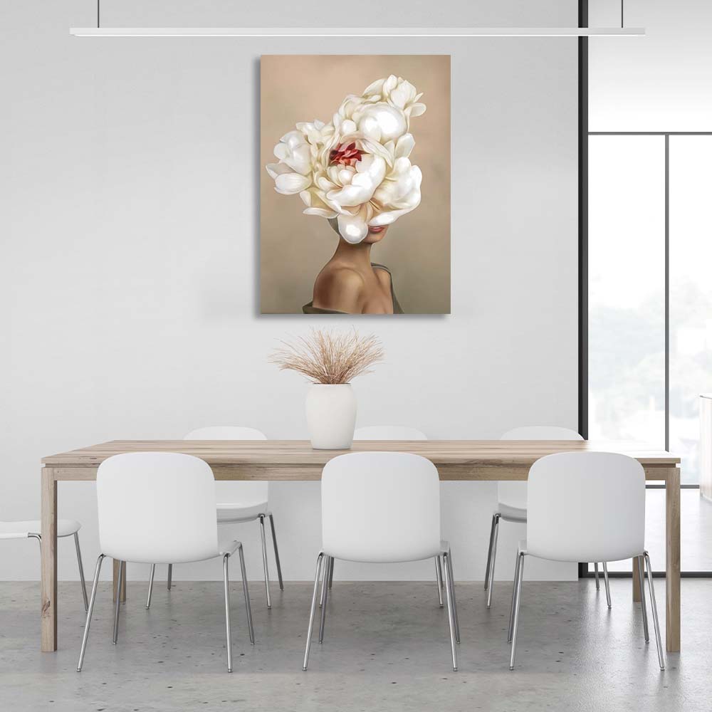 Girl with flowers on her head on beige background Canvas Wall Art Print