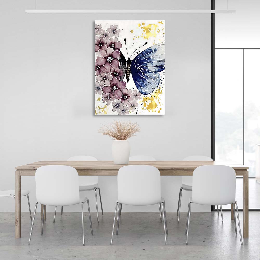 Kunstdruck auf Leinwand, goldener Aquarell-Schmetterling auf einem Blumenfeld