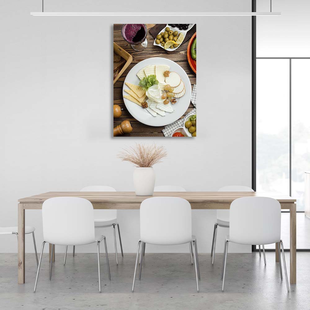 Canvas Wall Art Print For Kitchen Cheese spread with red wine