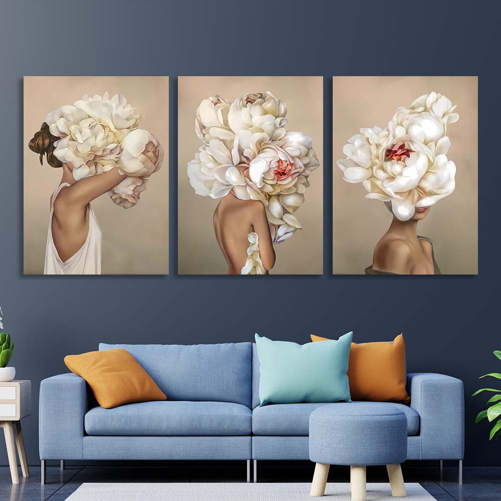 Girls with flowers on their heads on a beige background Canvas Wall Art Print