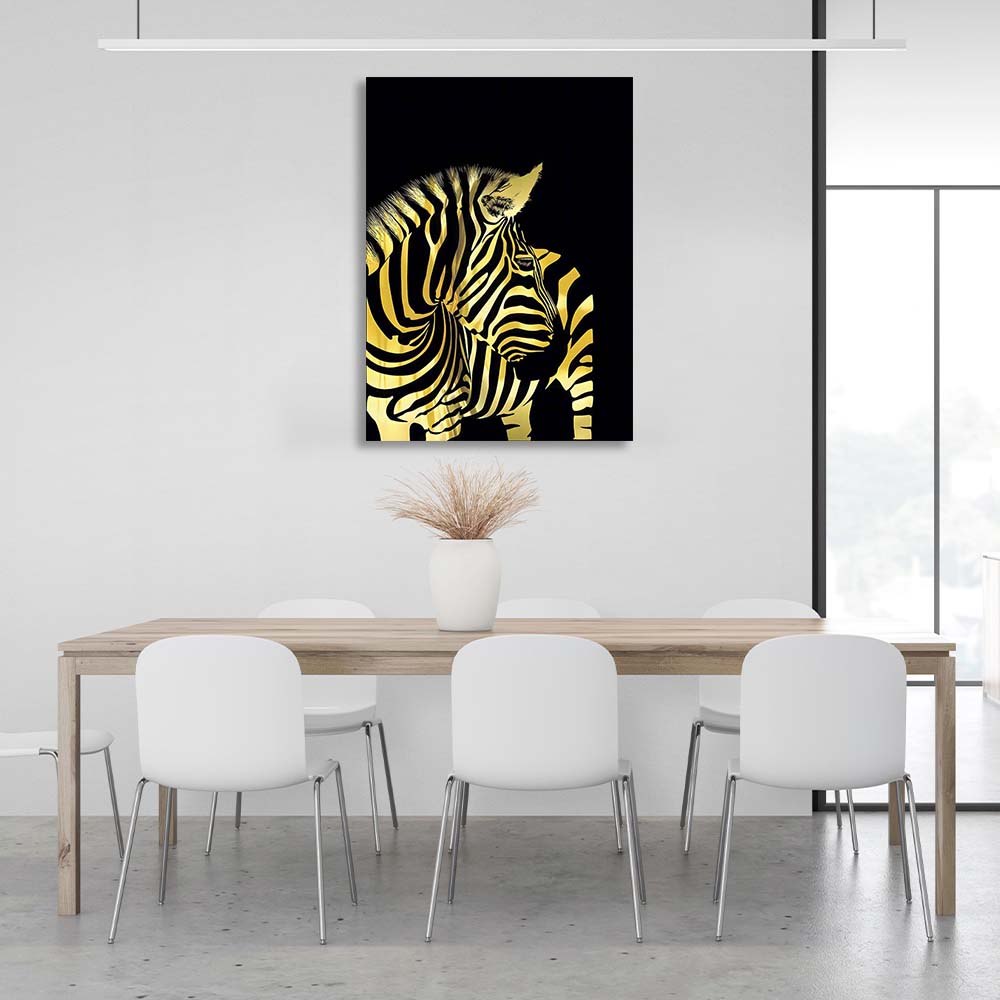 Leinwandbild Goldenes Zebra 2 auf schwarzem Hintergrund