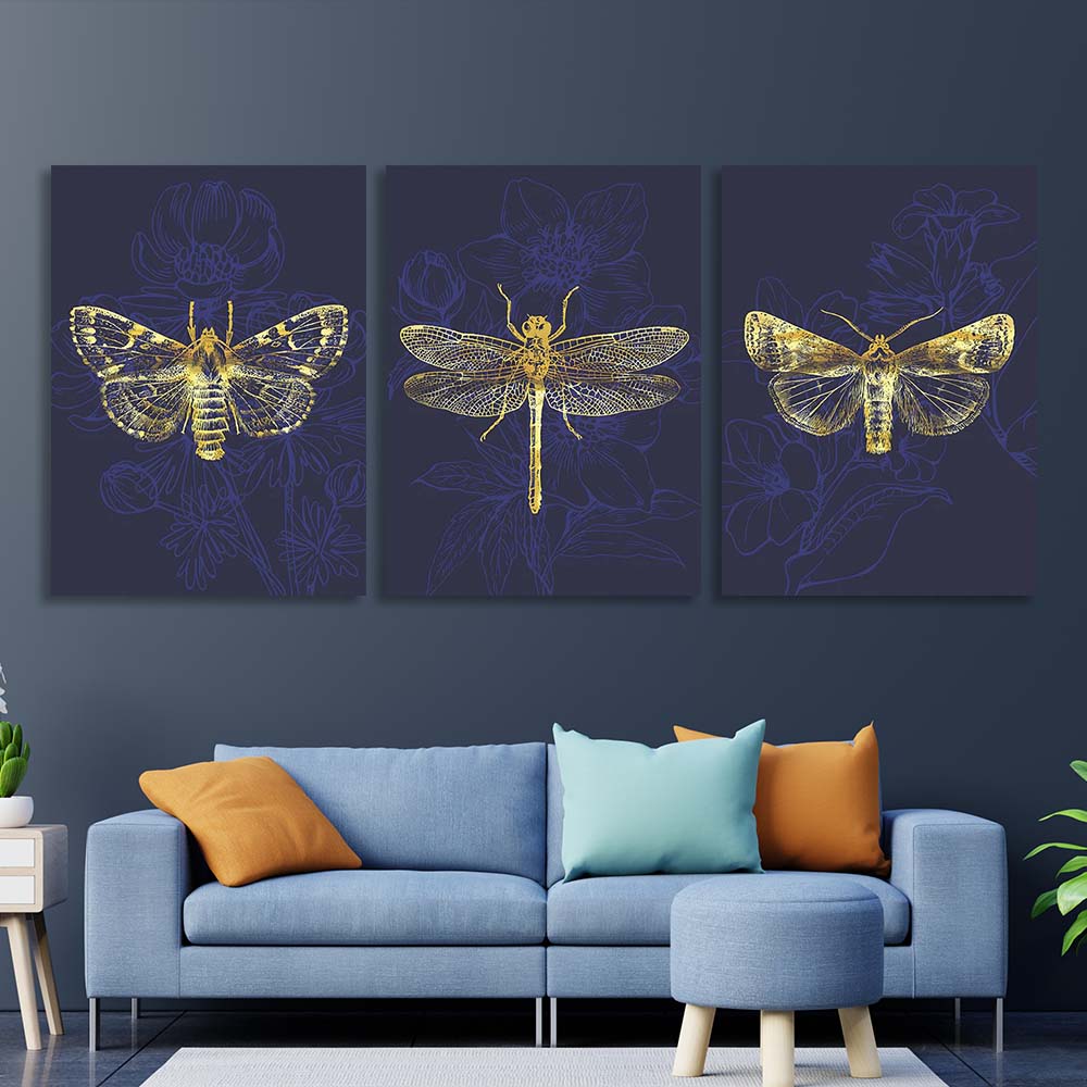 Multi Panel Canvas Wall Art Print Golden butterflies on dark blue background