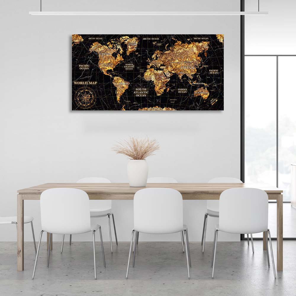 Leinwandbild, Wandbild, Karte der Neuen Welt, schwarz mit Gold 2