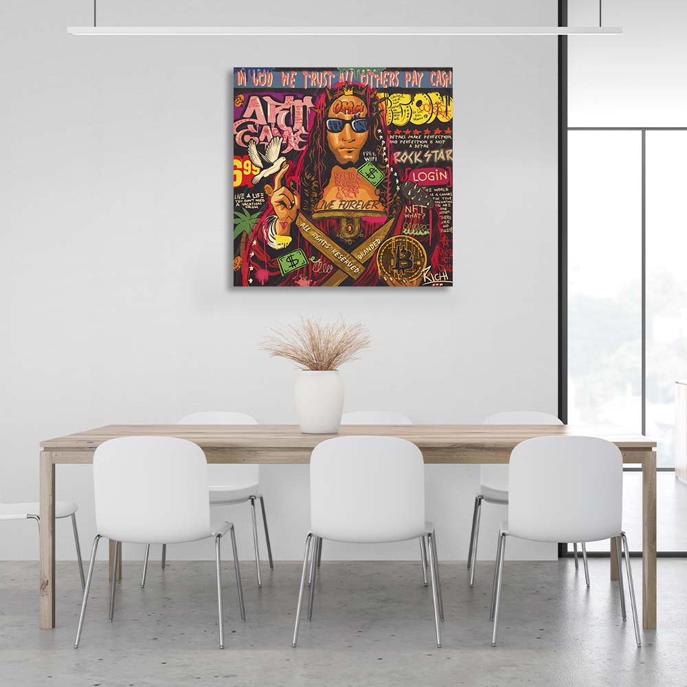 Pop-Art-Kunstdruck „Retter der Welt mit Bitcoin“ auf Leinwand