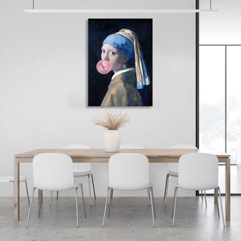 Canvas Wall Art Print Girl with pearl earring and pink bubblegum