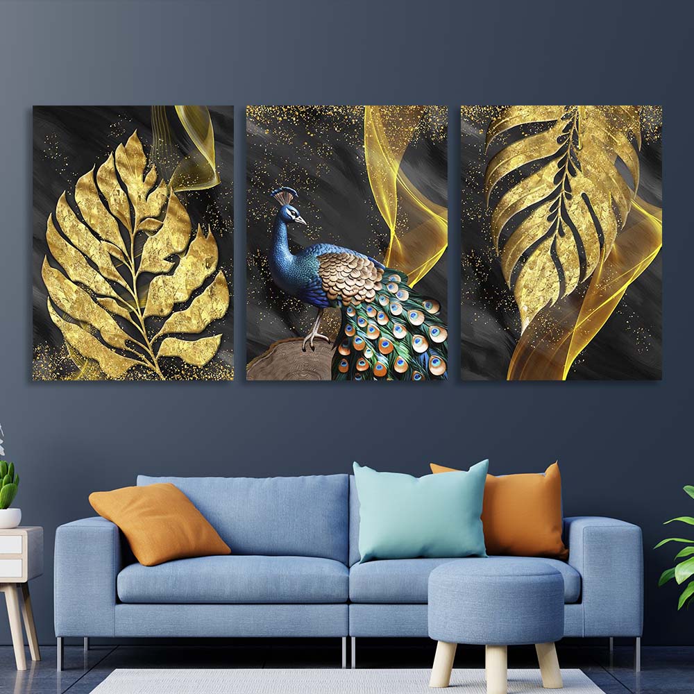 Multi Panel Canvas Wall Art Print Peacock in golden leaves