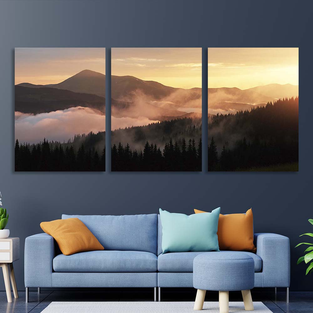 Kunstdruck auf Leinwand, mehrteilig, Nebel in den Sonnenuntergangsbergen