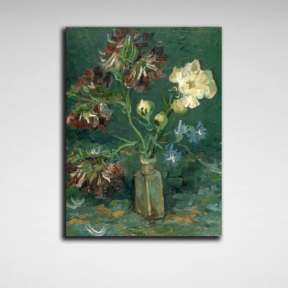 Reproduktions-Vase mit Vergissmeinnicht und Pfingstrosen, Van Gogh-Reproduktion, Kunstdruck auf Leinwand